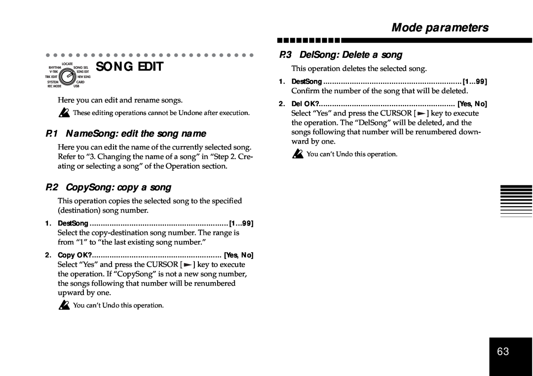 Korg D4 Song Edit, P.1 NameSong edit the song name, P.2 CopySong copy a song, P.3 DelSong Delete a song, Mode parameters 