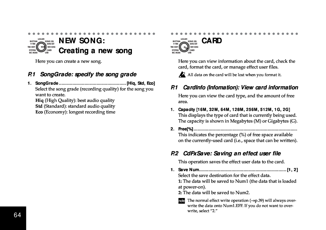 Korg D4 Card, NEW SONG Creating a new song, P.1 SongGrade specify the song grade, P.2 CdFxSave Saving an effect user ﬁle 