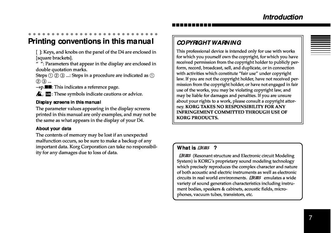 Korg D4 Printing conventions in this manual, Introduction, Copyright Warning, What is ?, Display screens in this manual 