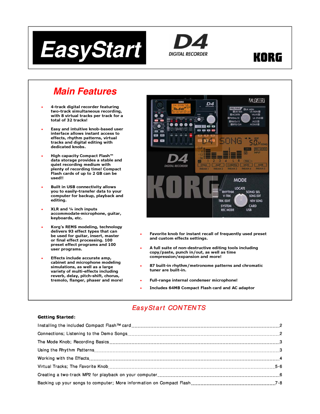 Korg D4 manual Main Features, EasyStart CONTENTS 