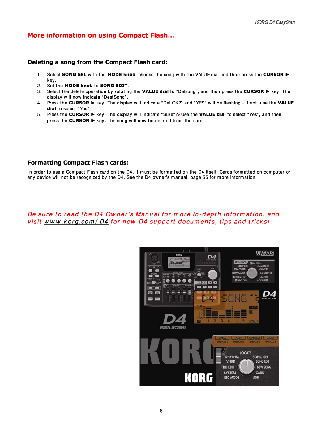 Korg manual More information on using Compact Flash…, Deleting a song from the Compact Flash card, KORG D4 EasyStart 