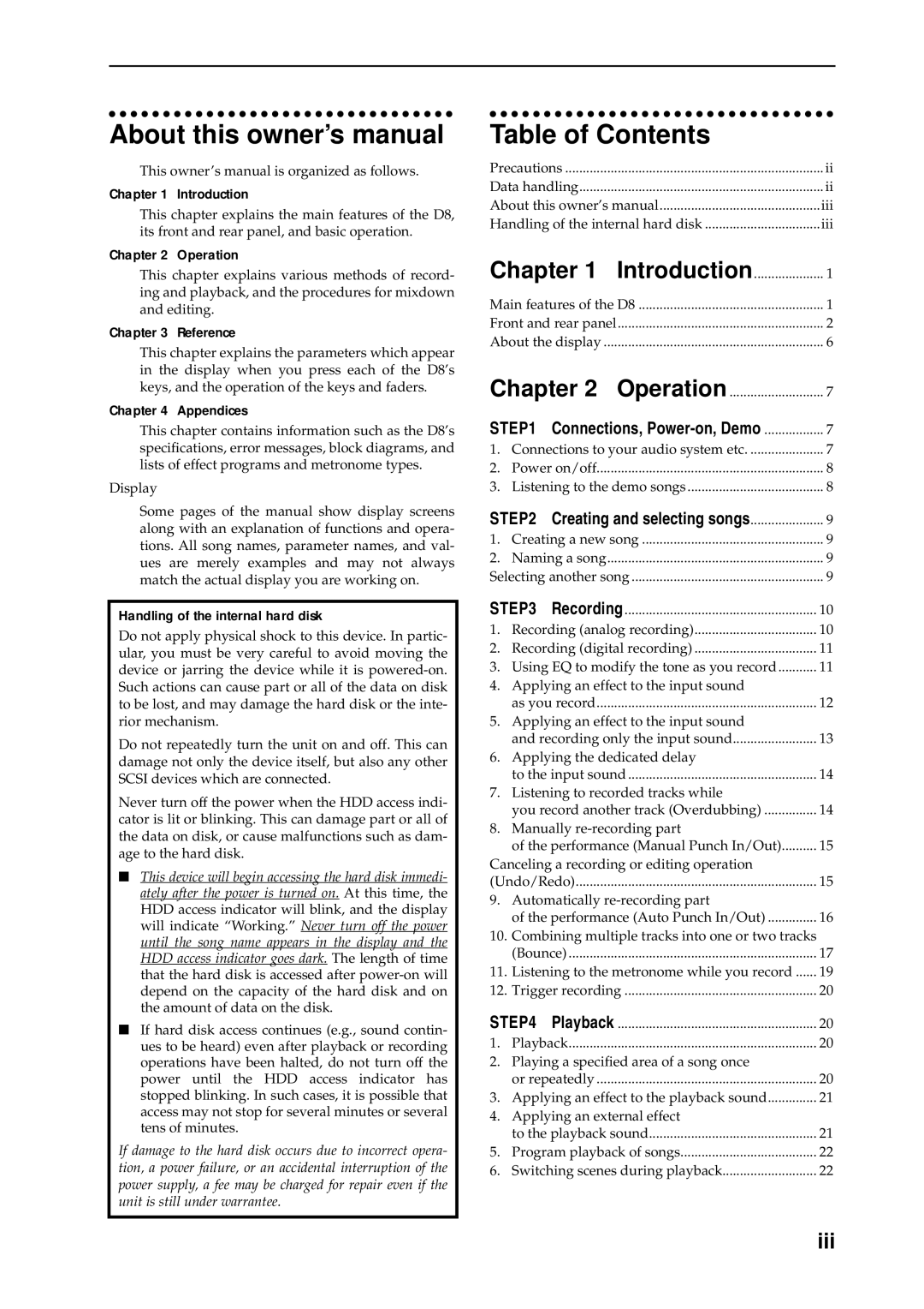 Korg D8 manual Table of Contents 