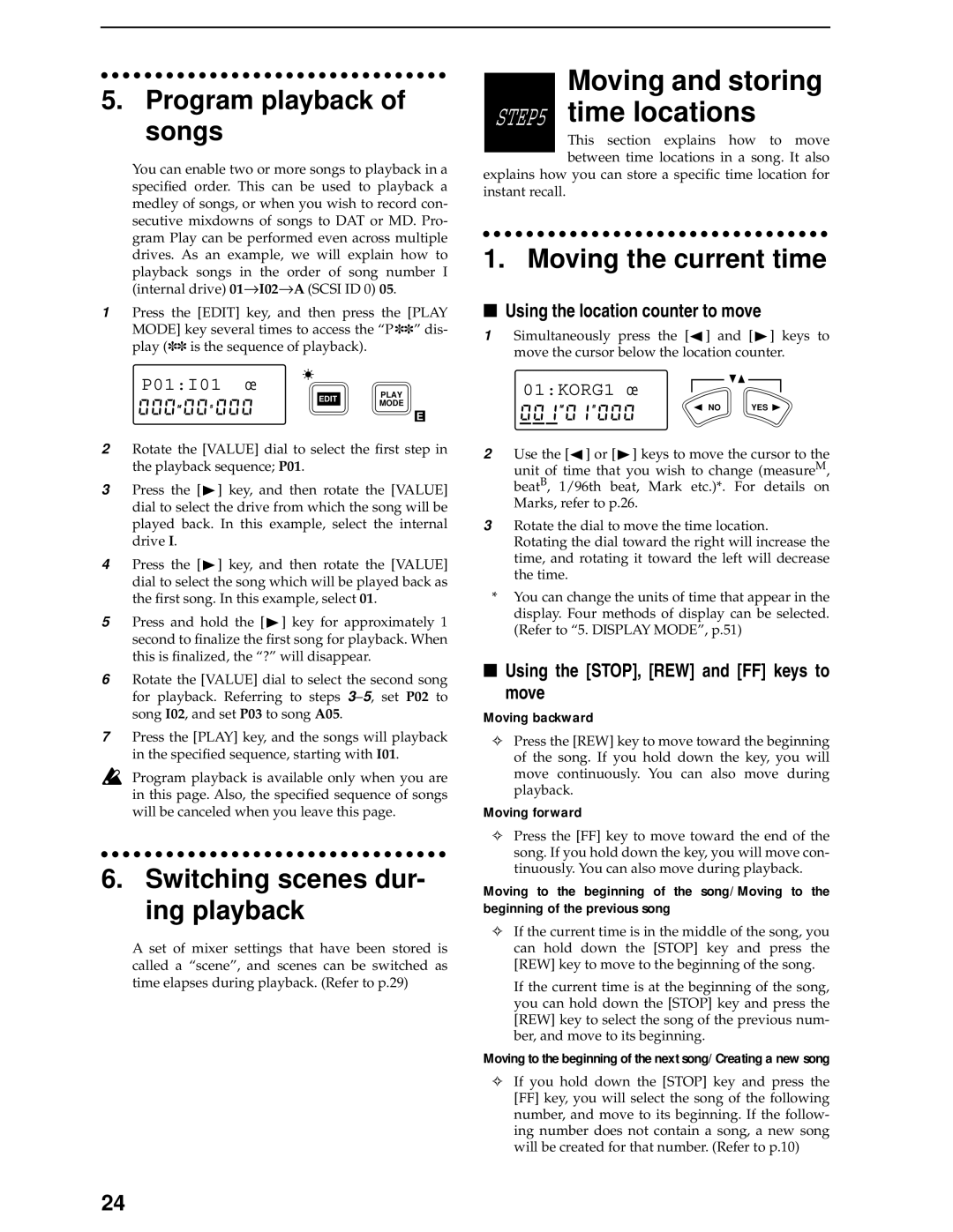 Korg D8 manual Program playback of songs, Switching scenes dur- ing playback, Moving and storing time locations 