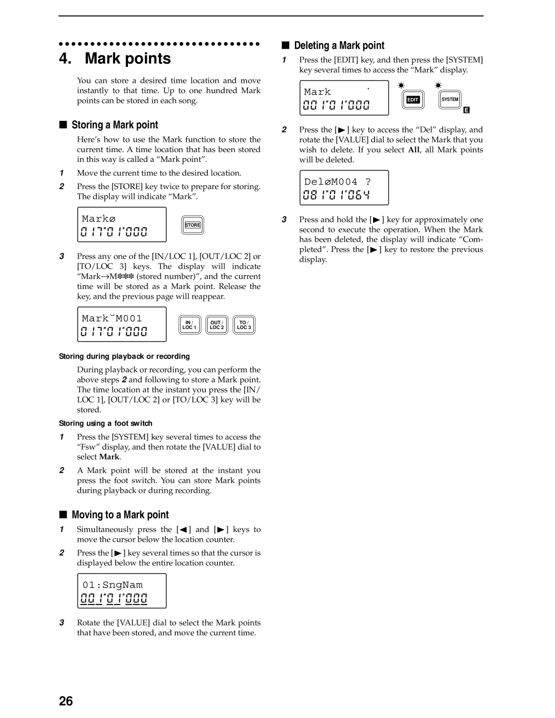 Korg D8 manual Mark points, Storing a Mark point, MarkùM001, Moving to a Mark point, Deleting a Mark point 