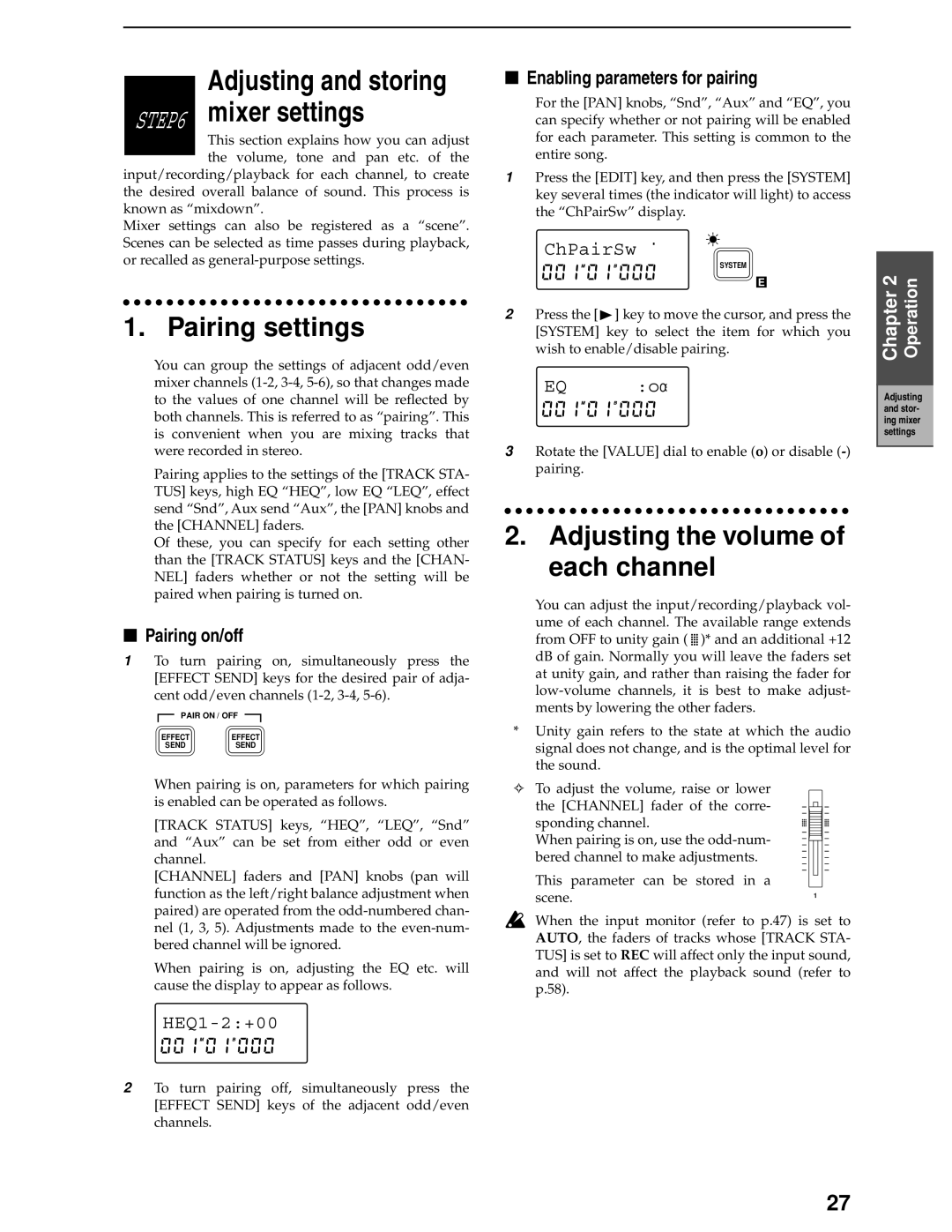 Korg D8 manual Pairing settings, Adjusting the volume of each channel, Pairing on/off, Enabling parameters for pairing 