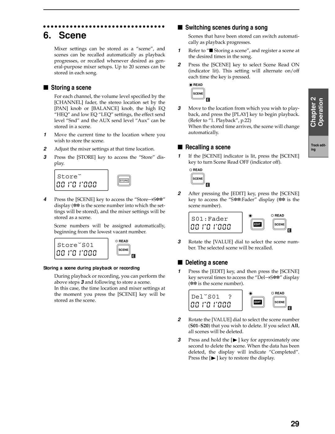 Korg D8 manual Scene, Storing a scene, Switching scenes during a song, Recalling a scene, Deleting a scene 