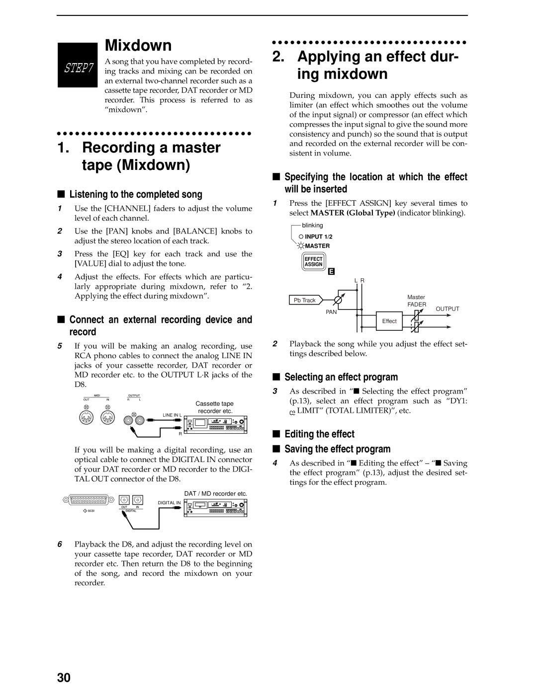 Korg D8 manual Recording a master tape Mixdown, Applying an effect dur- ing mixdown 