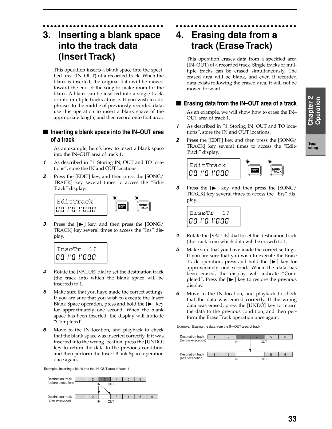 Korg D8 manual Inserting a blank space into the track data Insert Track, Erasing data from a track Erase Track, Ins¿Tr 1? 