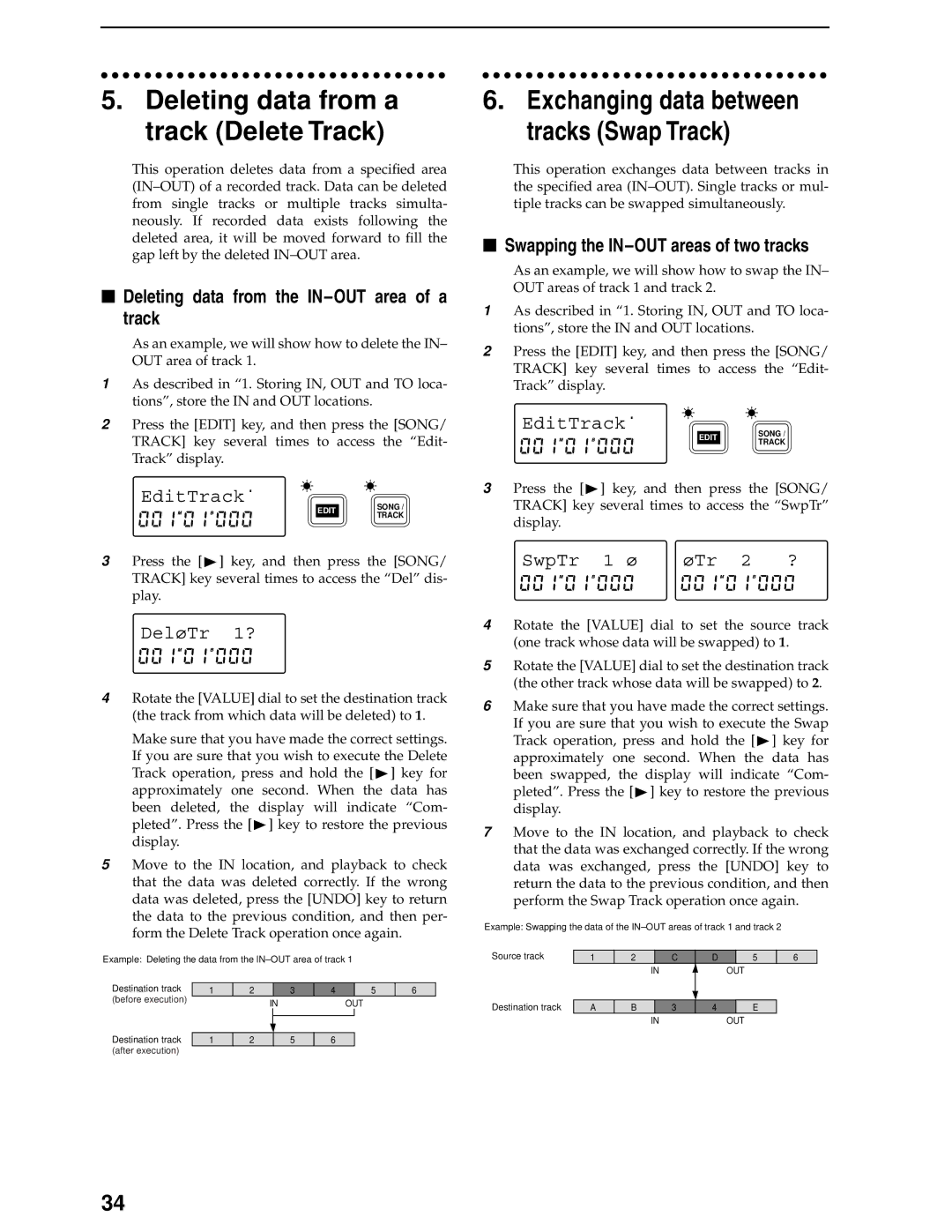 Korg D8 Deleting data from a track Delete Track, Deleting data from the IN-OUT area of a track, Del¿Tr 1?, SwpTr 1 ¿ ¿Tr 