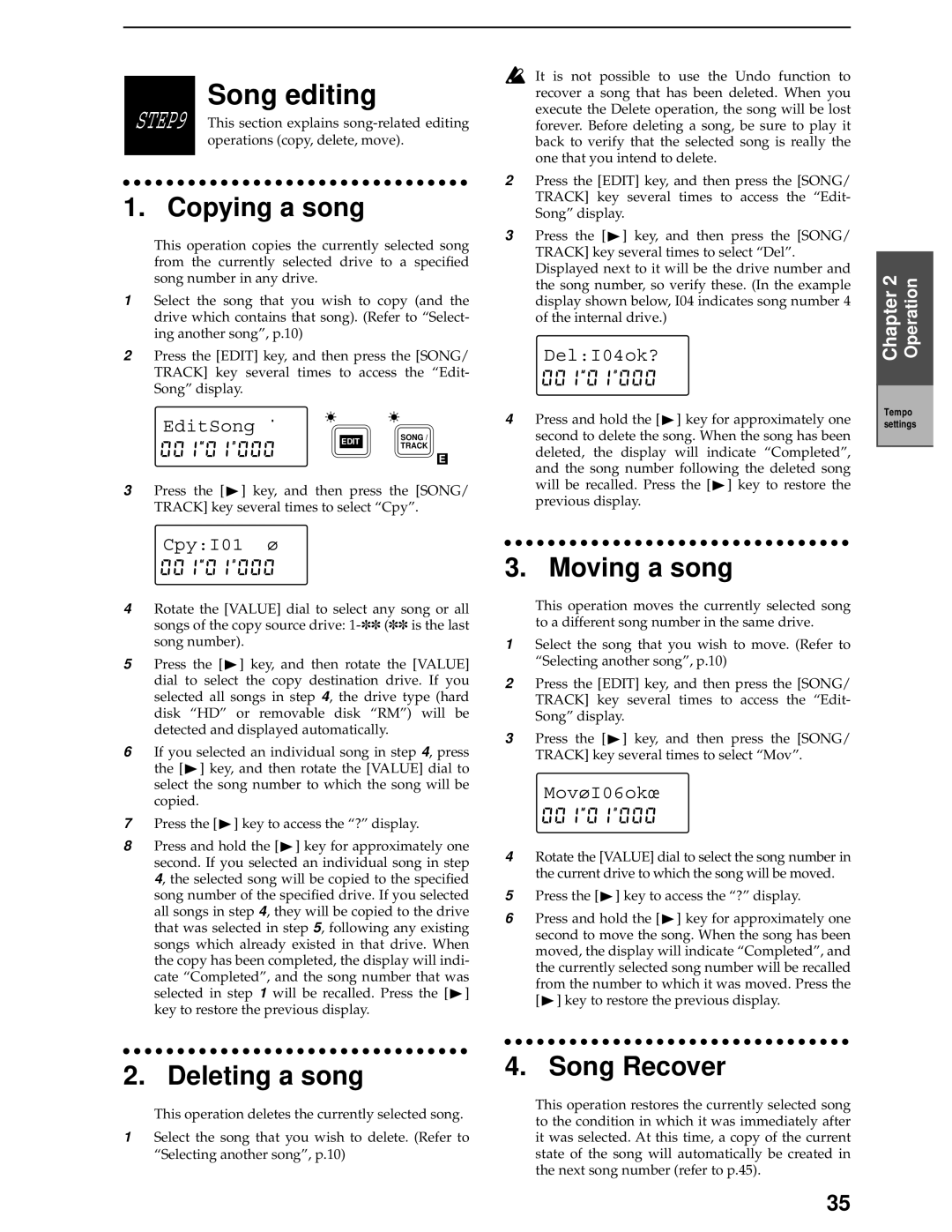 Korg D8 manual Copying a song, Moving a song, Deleting a song, Song Recover 