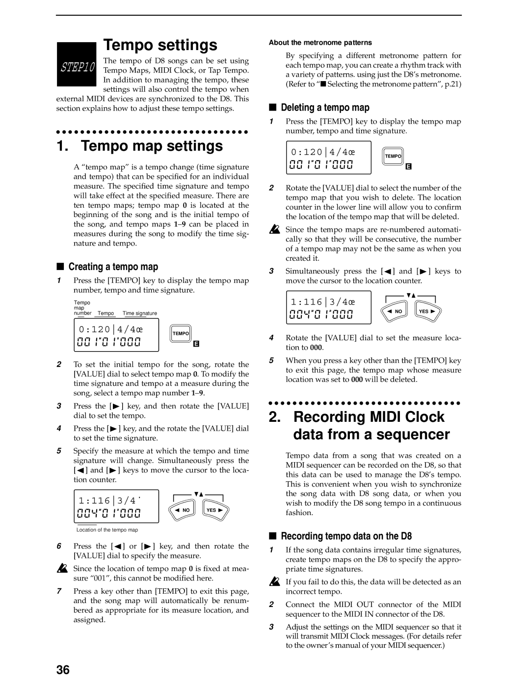 Korg D8 manual Tempo map settings, Recording Midi Clock data from a sequencer, Creating a tempo map, Deleting a tempo map 