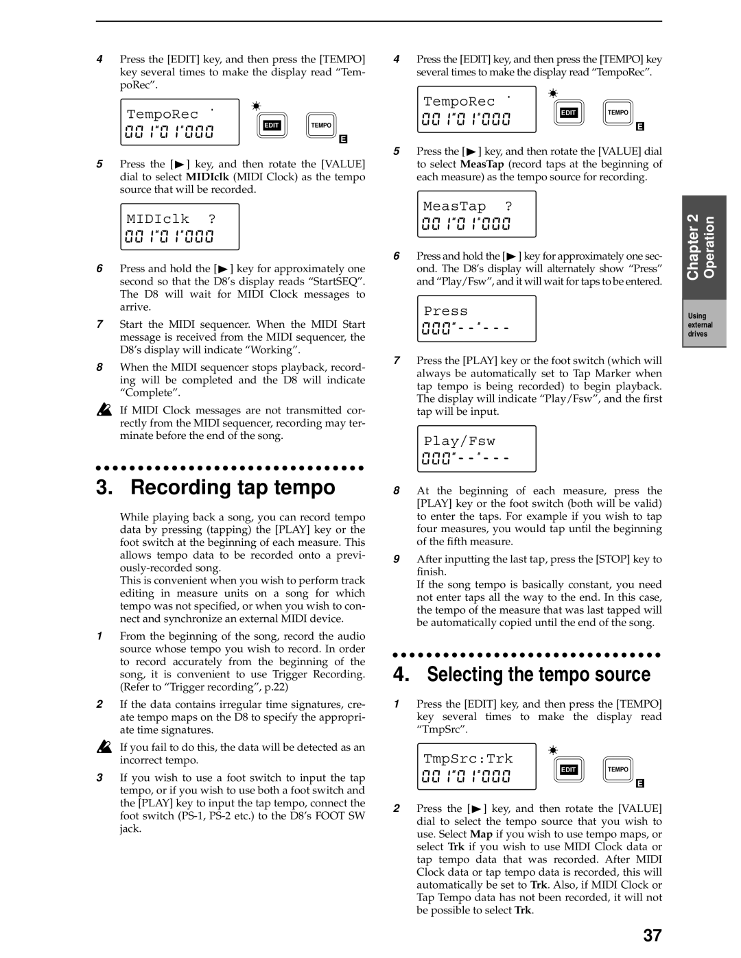 Korg D8 manual Recording tap tempo, Selecting the tempo source 