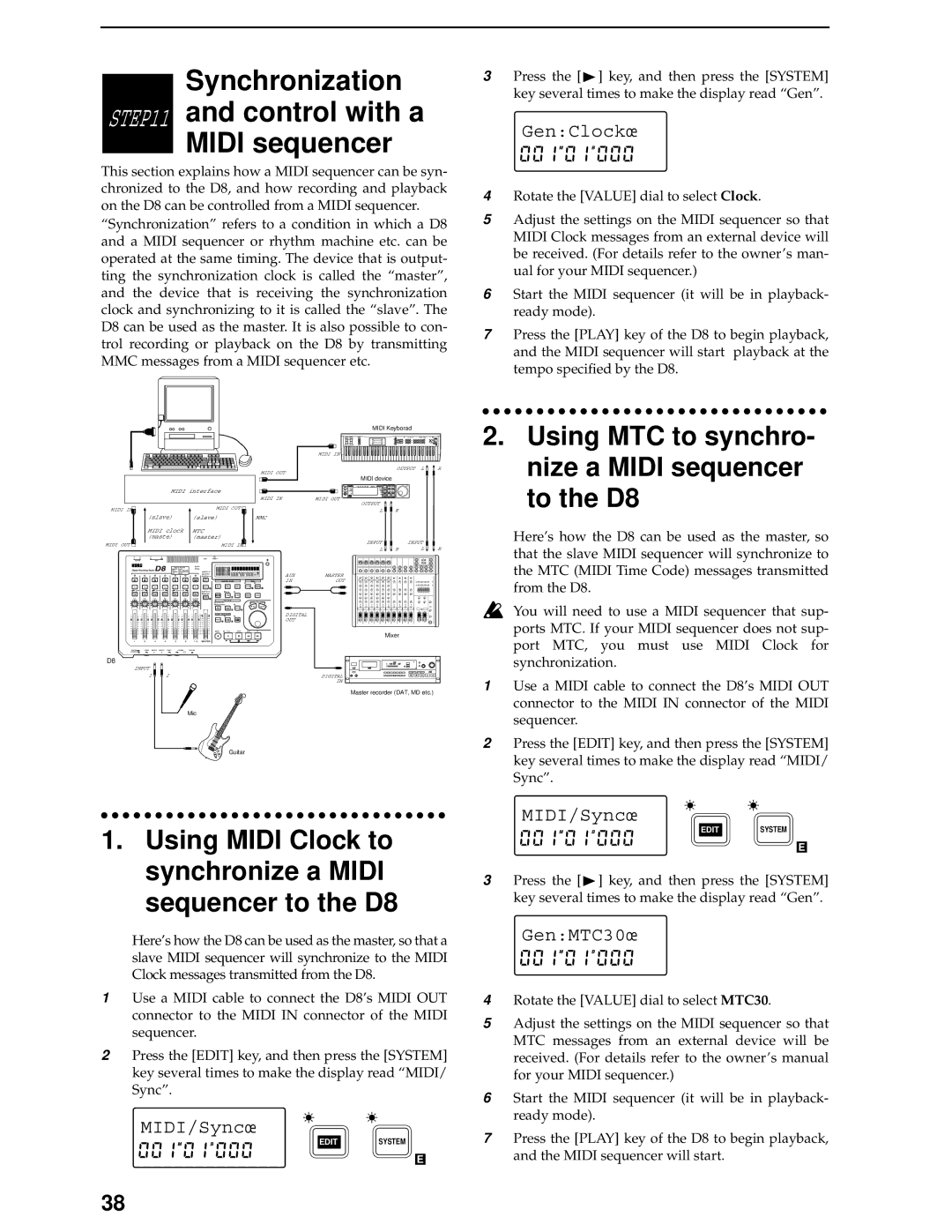 Korg Using MTC to synchro, To the D8, Nize a Midi sequencer, Using Midi Clock to synchronize a Midi sequencer to the D8 