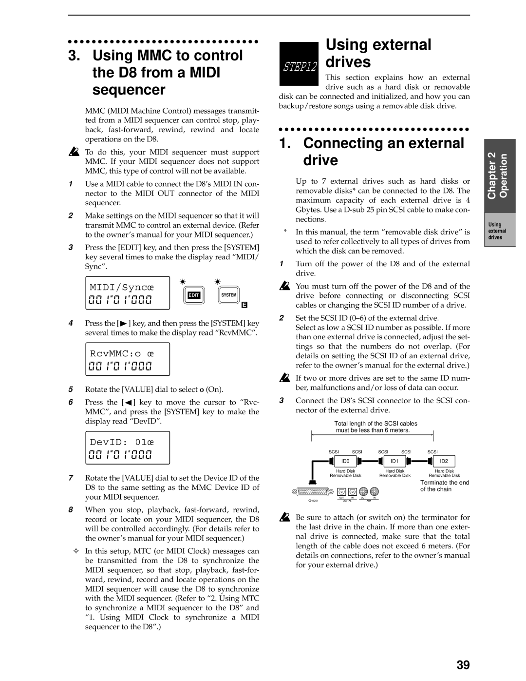 Korg manual Using MMC to control the D8 from a Midi sequencer, Connecting an external drive, RcvMMCo Ï, DevID 01Ï 