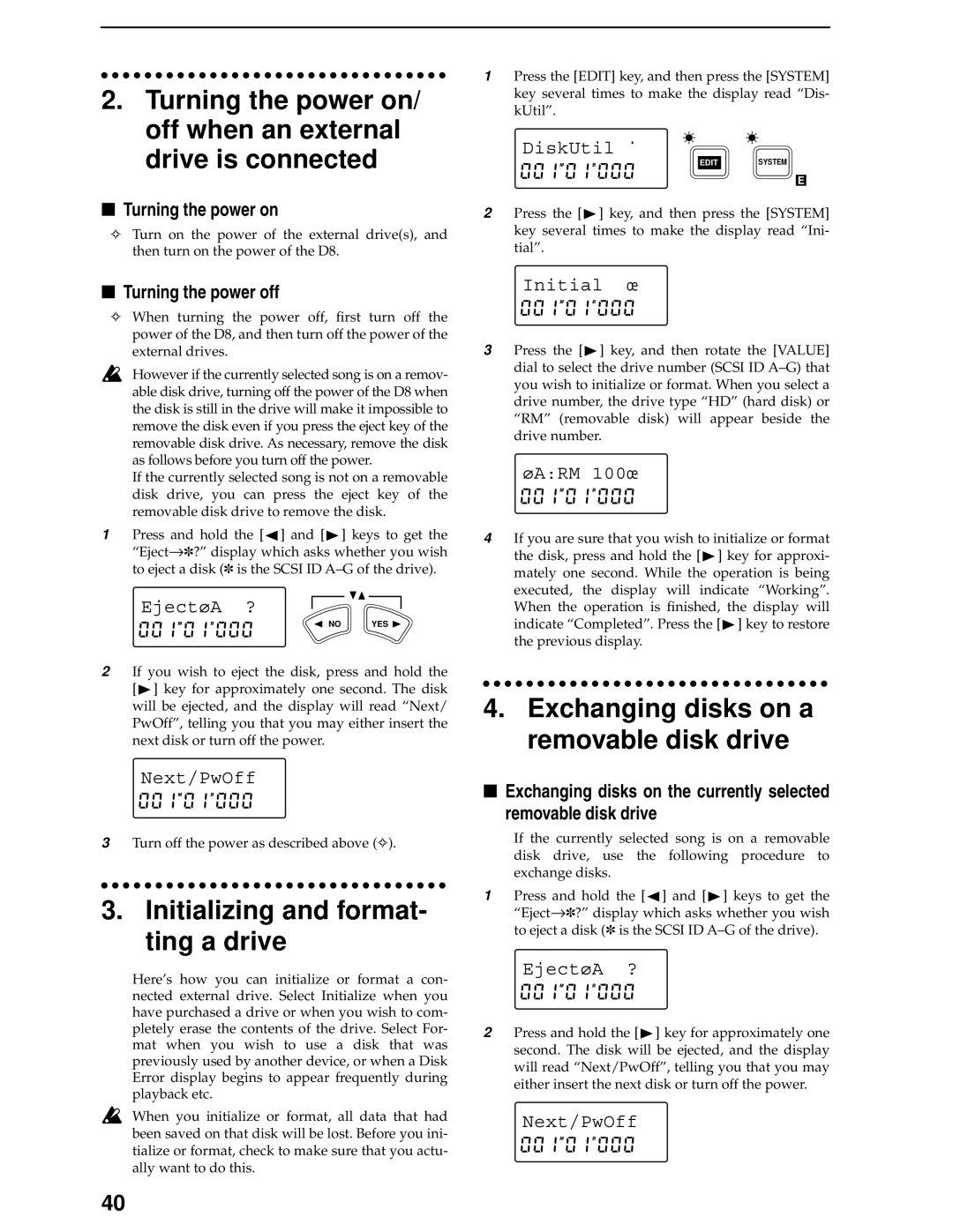 Korg D8 manual Initializing and format- ting a drive, Exchanging disks on a removable disk drive 