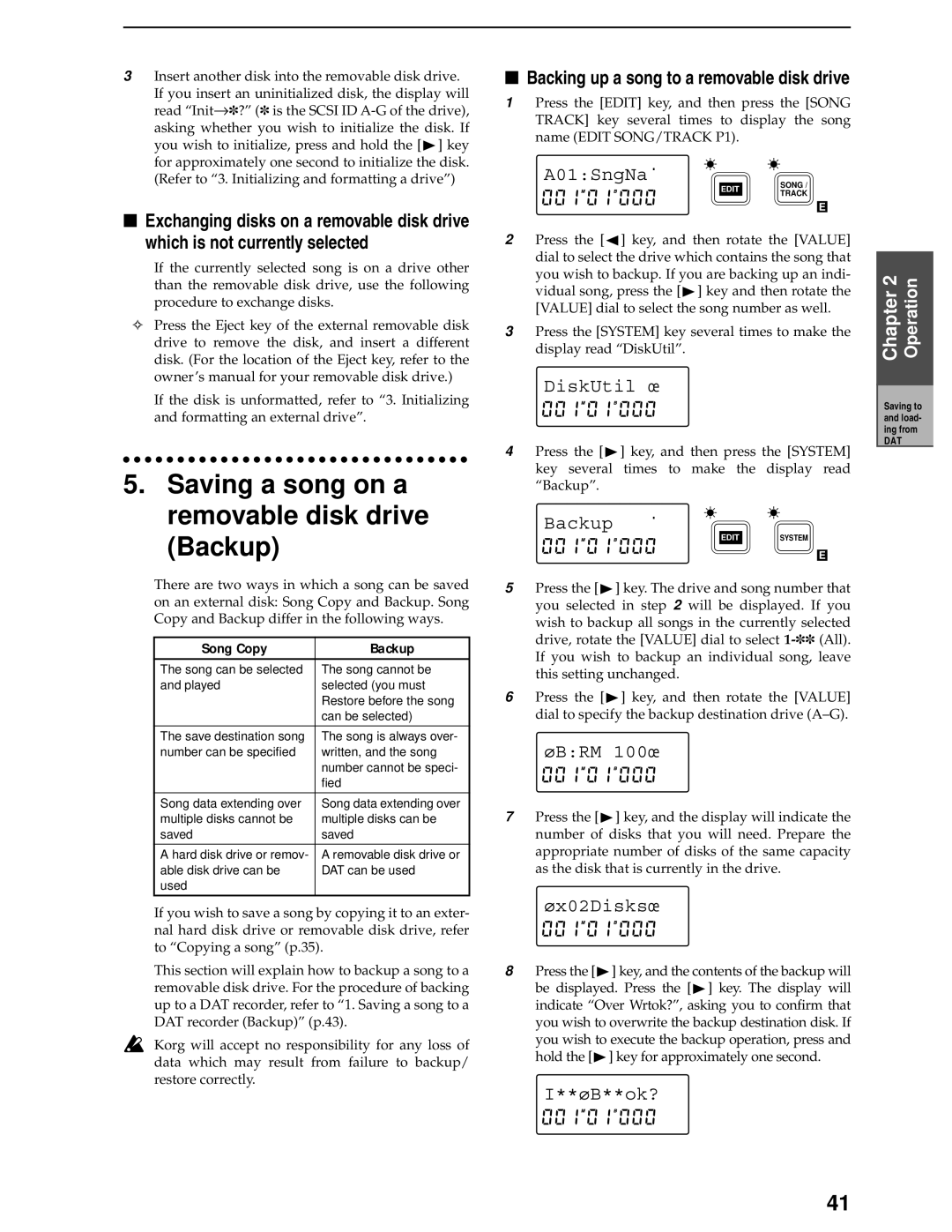 Korg D8 manual Saving a song on a removable disk drive Backup 