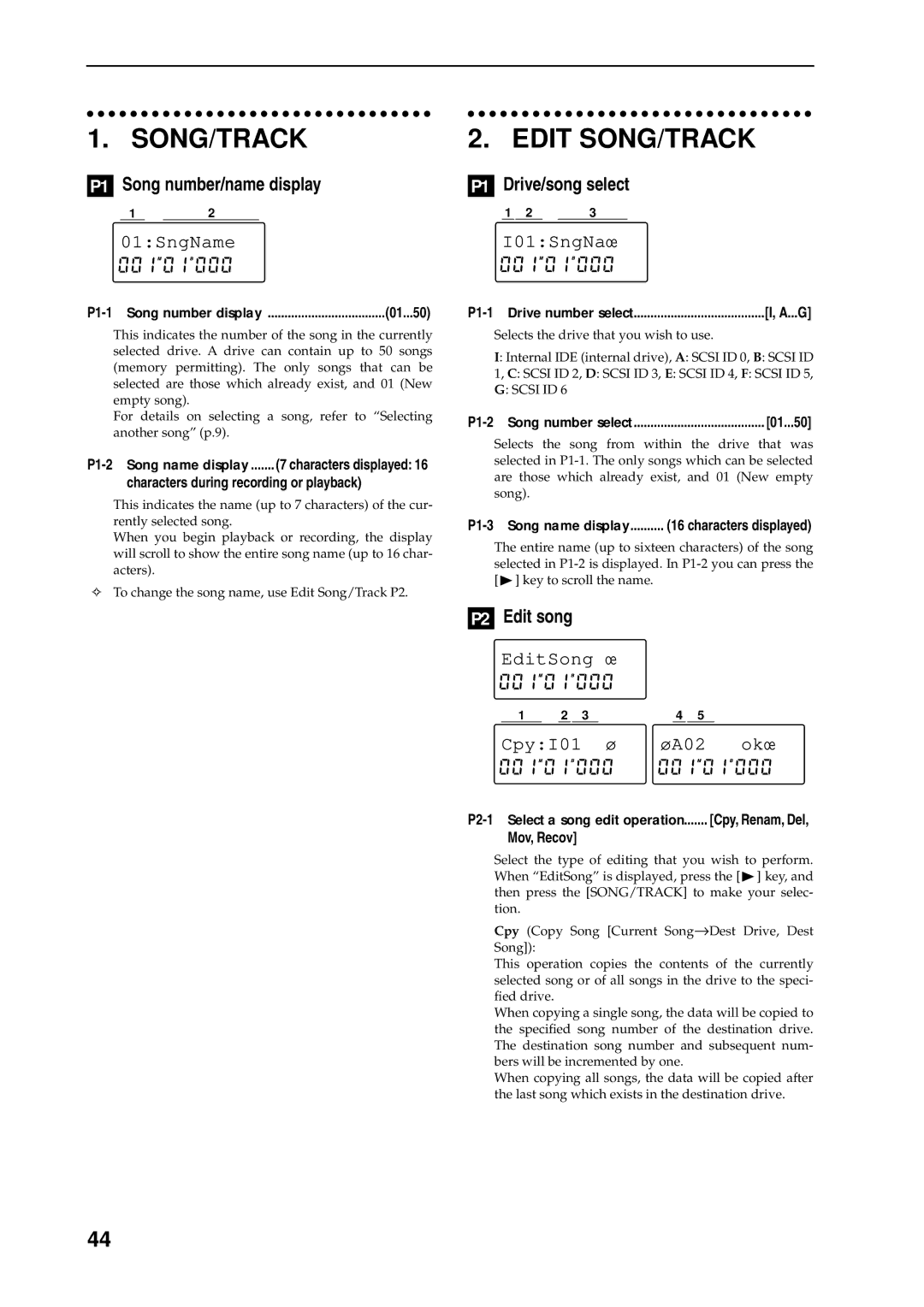 Korg D8 manual Song/Track, Edit SONG/TRACK, P1 Song number/name display, Drive/song select, P2 Edit song 