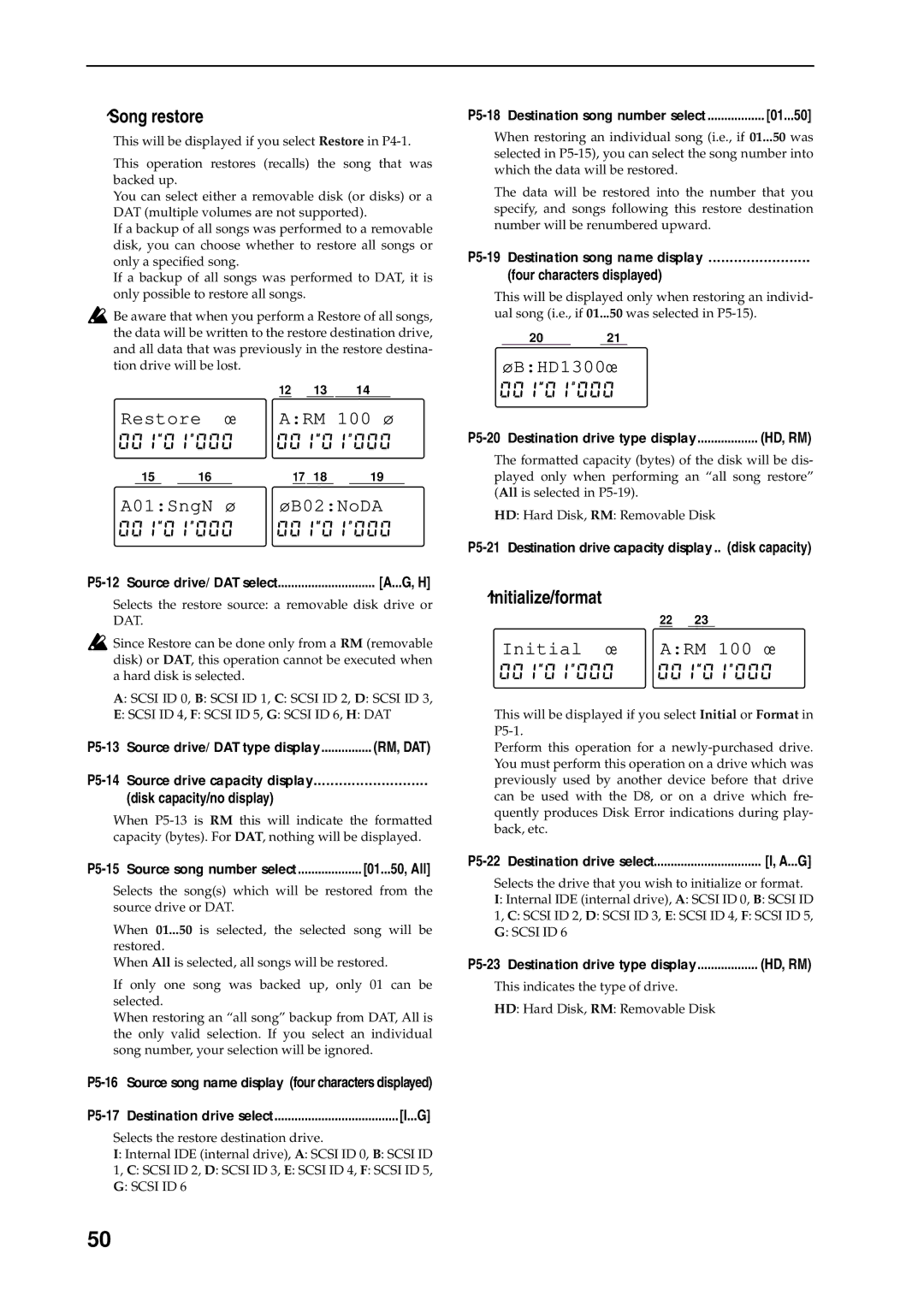 Korg D8 manual Song restore, Restore œ ARM 100 ø A01SngN ø ØB02NoDA, ØBHD1300œ, Initialize/format, Initial œ 