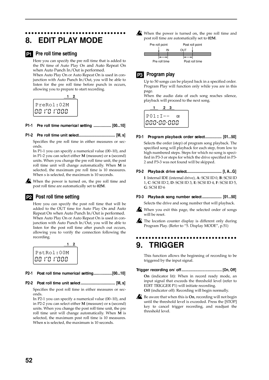 Korg D8 manual Edit Play Mode, Trigger, P1 Pre roll time setting, P2 Post roll time setting, P3 Program play 