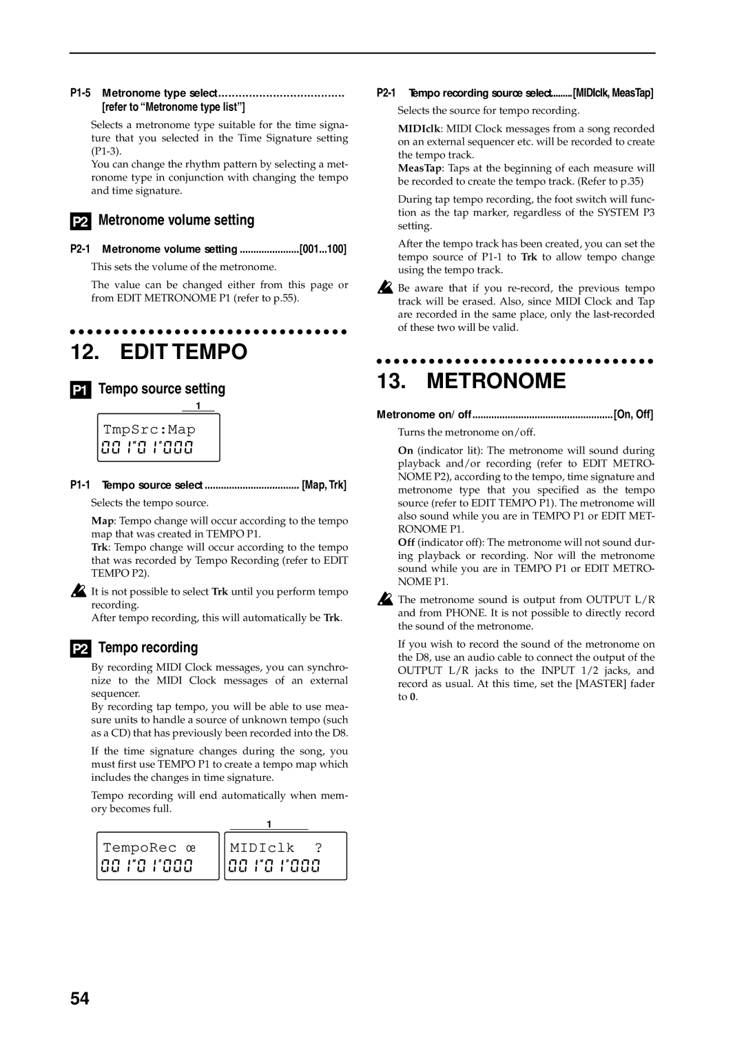 Korg D8 manual Edit Tempo, P2 Metronome volume setting, P1 Tempo source setting, P2 Tempo recording 