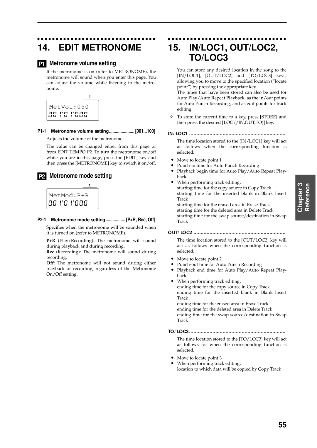 Korg D8 Edit Metronome, 15. IN/LOC1, OUT/LOC2, TO/LOC3, P1 Metronome volume setting, MetVol050, P2 Metronome mode setting 