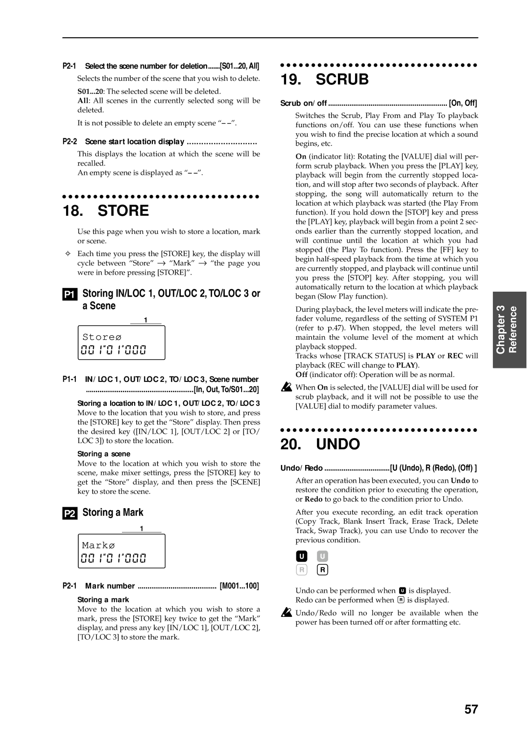 Korg D8 manual Store, Scrub, Undo, P1 Storing IN/LOC 1, OUT/LOC 2, TO/LOC 3 or a Scene, P2 Storing a Mark 