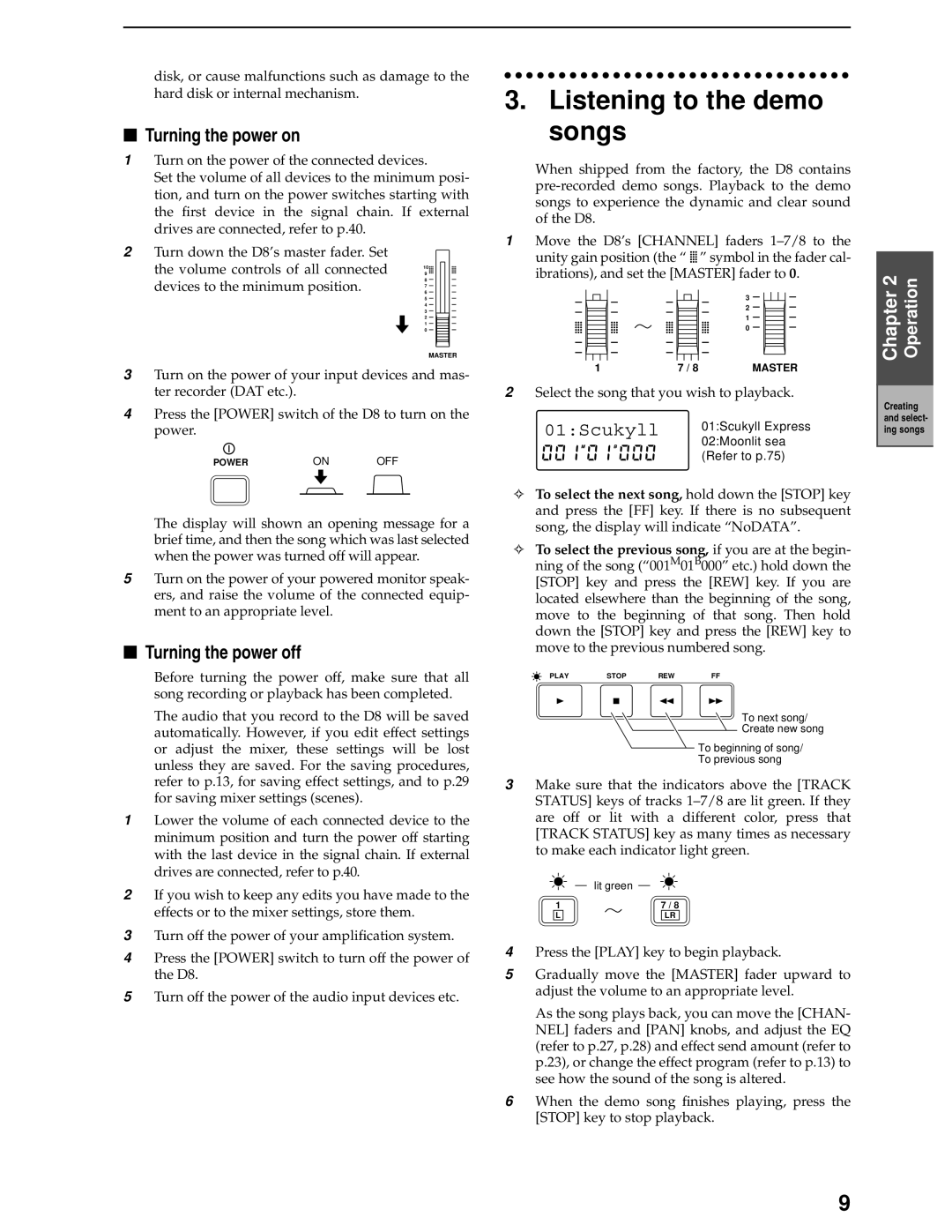 Korg D8 manual Listening to the demo songs, Turning the power on, Turning the power off, 01Scukyll 