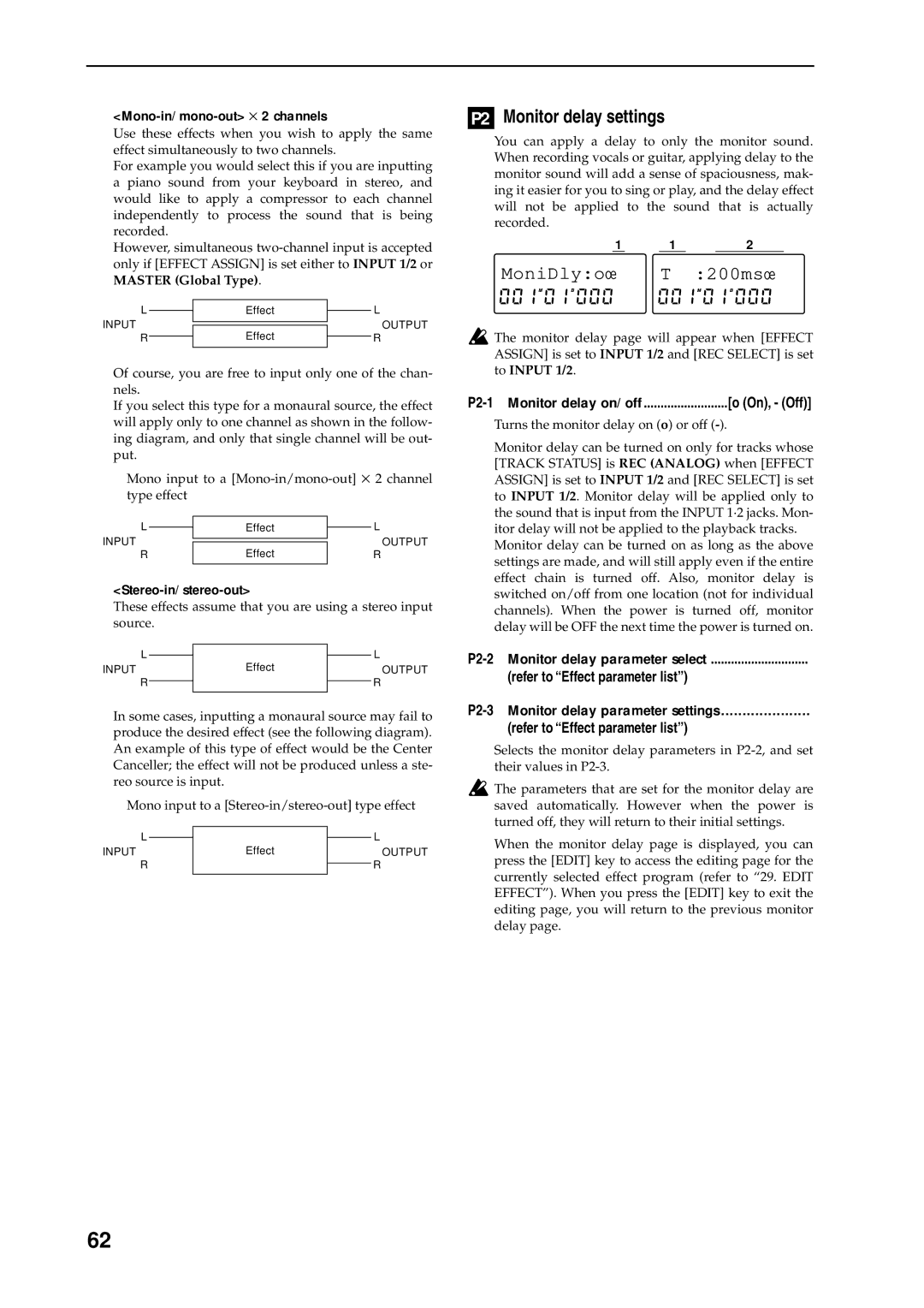 Korg D8 manual P2 Monitor delay settings, 200msœ, P2-3Monitor delay parameter settings, P2-1 Monitor delay on/off 