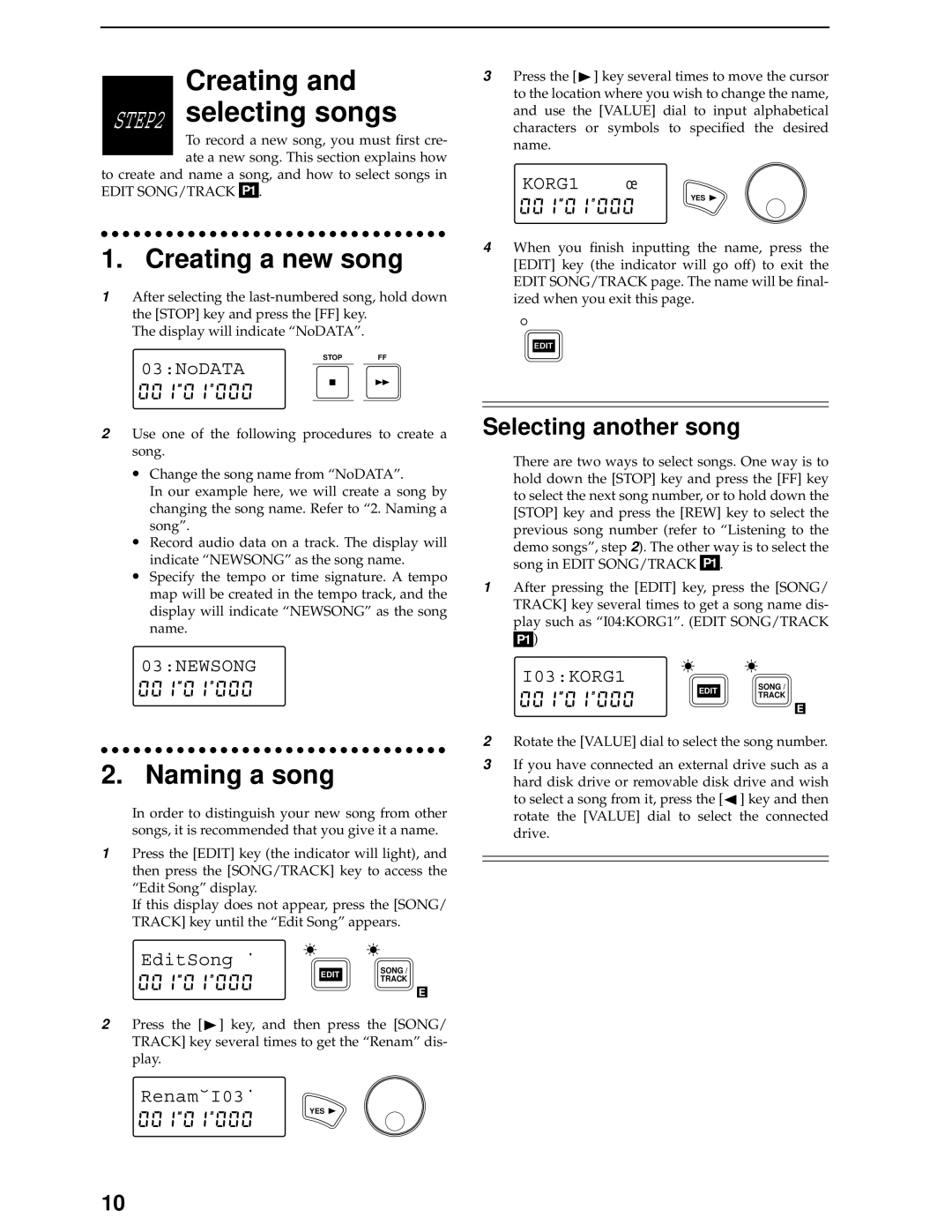 Korg D8 manual Creating a new song, Naming a song, Creating and selecting songs 