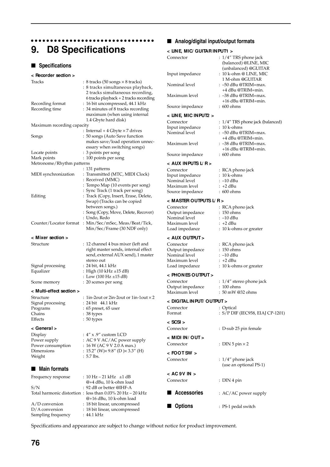 Korg manual D8 Speciﬁcations 