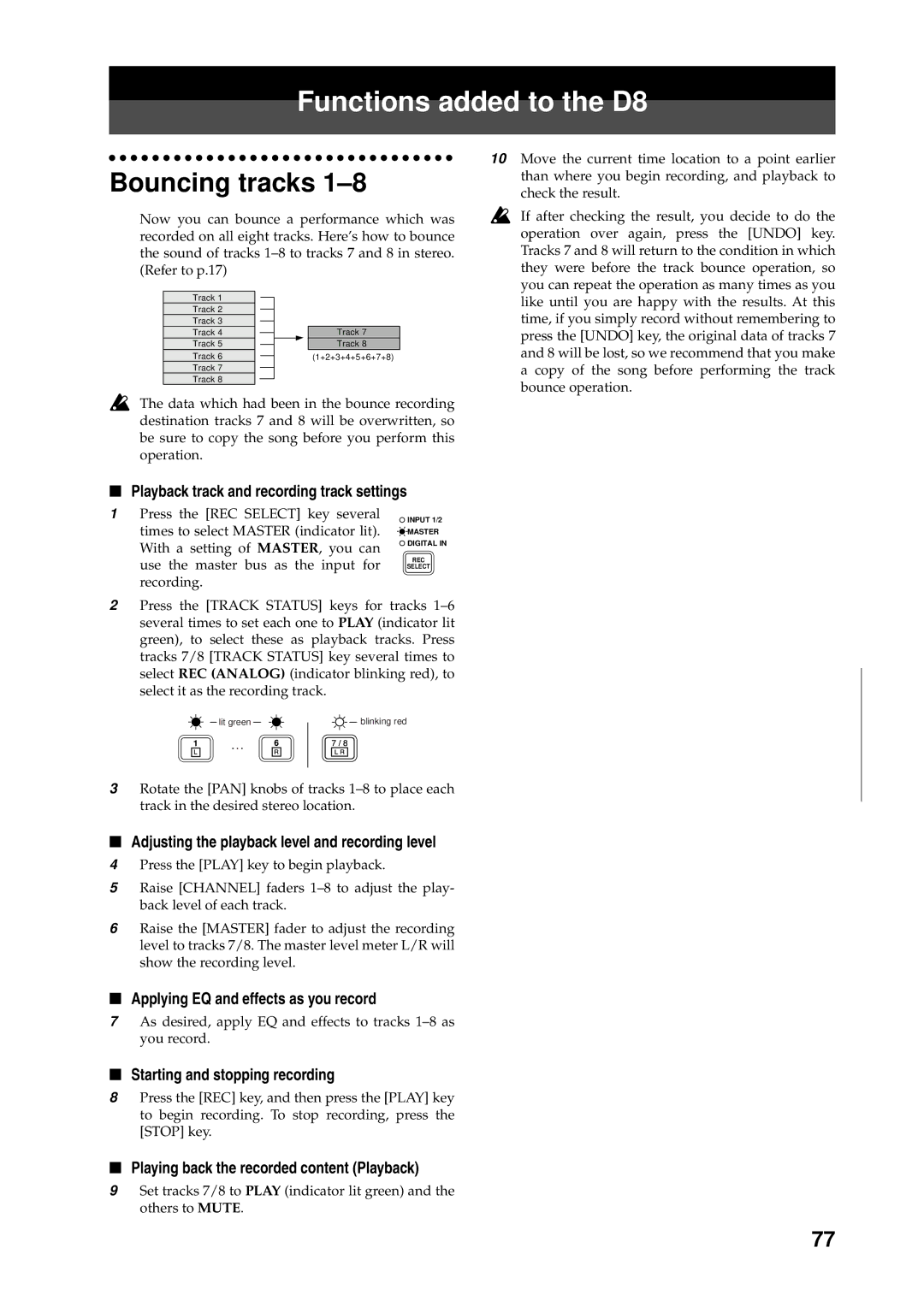 Korg manual Functions added to the D8, Bouncing tracks 