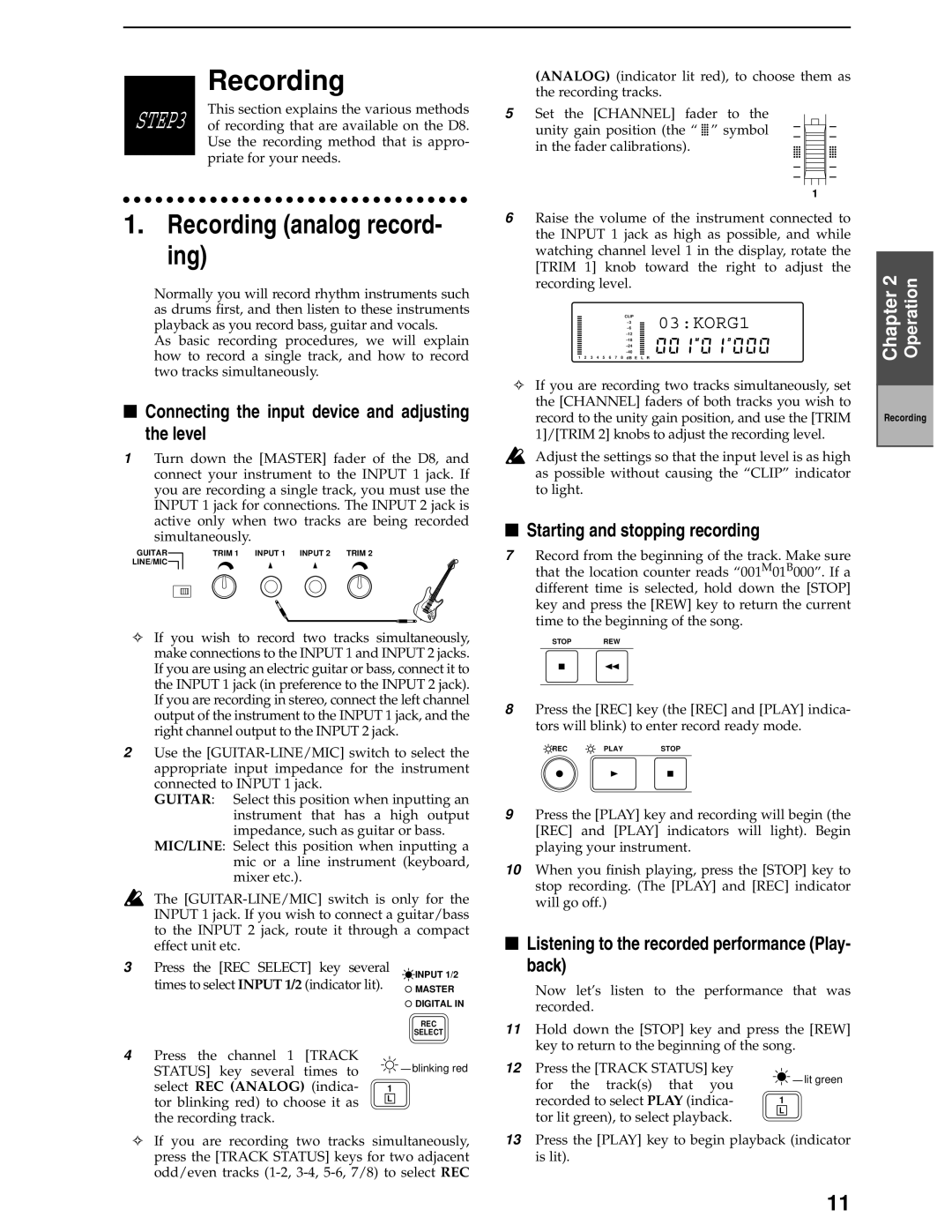 Korg D8 manual Recording analog record- ing, Connecting the input device and adjusting the level, 03KORG1 