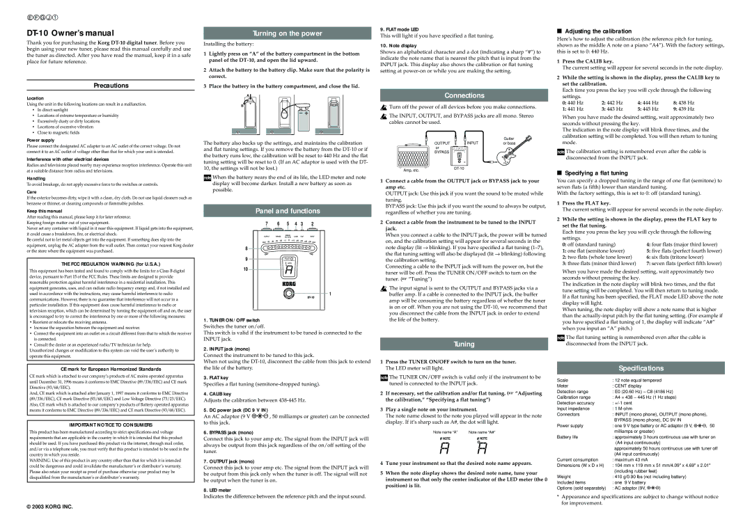 Korg DT-10 specifications Turning on the power, Panel and functions, Connections, Tuning, Specifications 