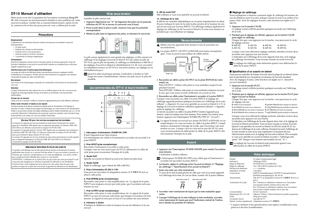 Korg specifications Mise sous tension, Les commandes du DT-10 et leurs fonctions, Raccordements, Accord, Fiche technique 