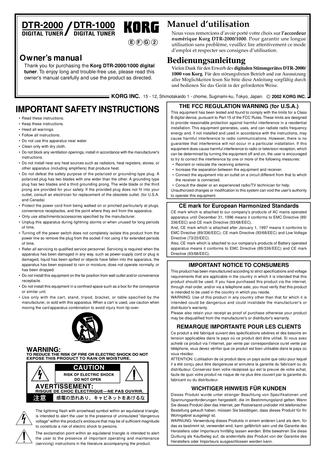 Korg DTR-2000 important safety instructions FCC Regulation Warning for U.S.A, CE mark for European Harmonized Standards 