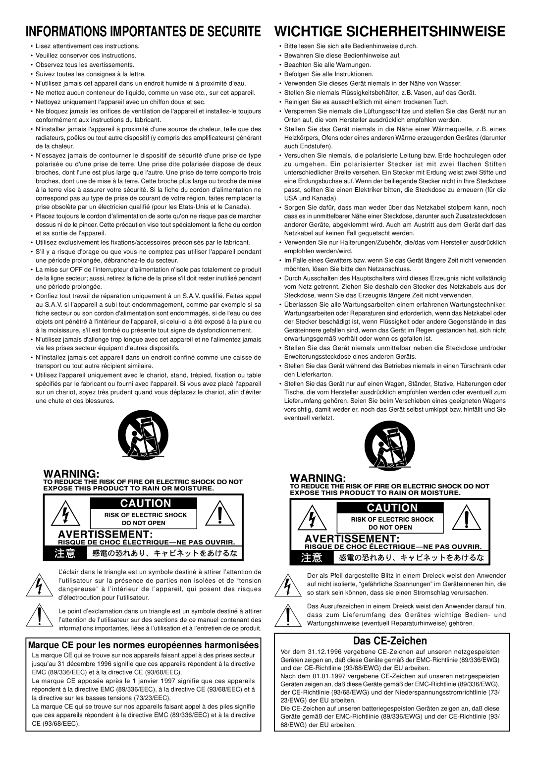 Korg DTR-1000, DTR-2000 important safety instructions Das CE-Zeichen, Marque CE pour les normes européennes harmonisées 