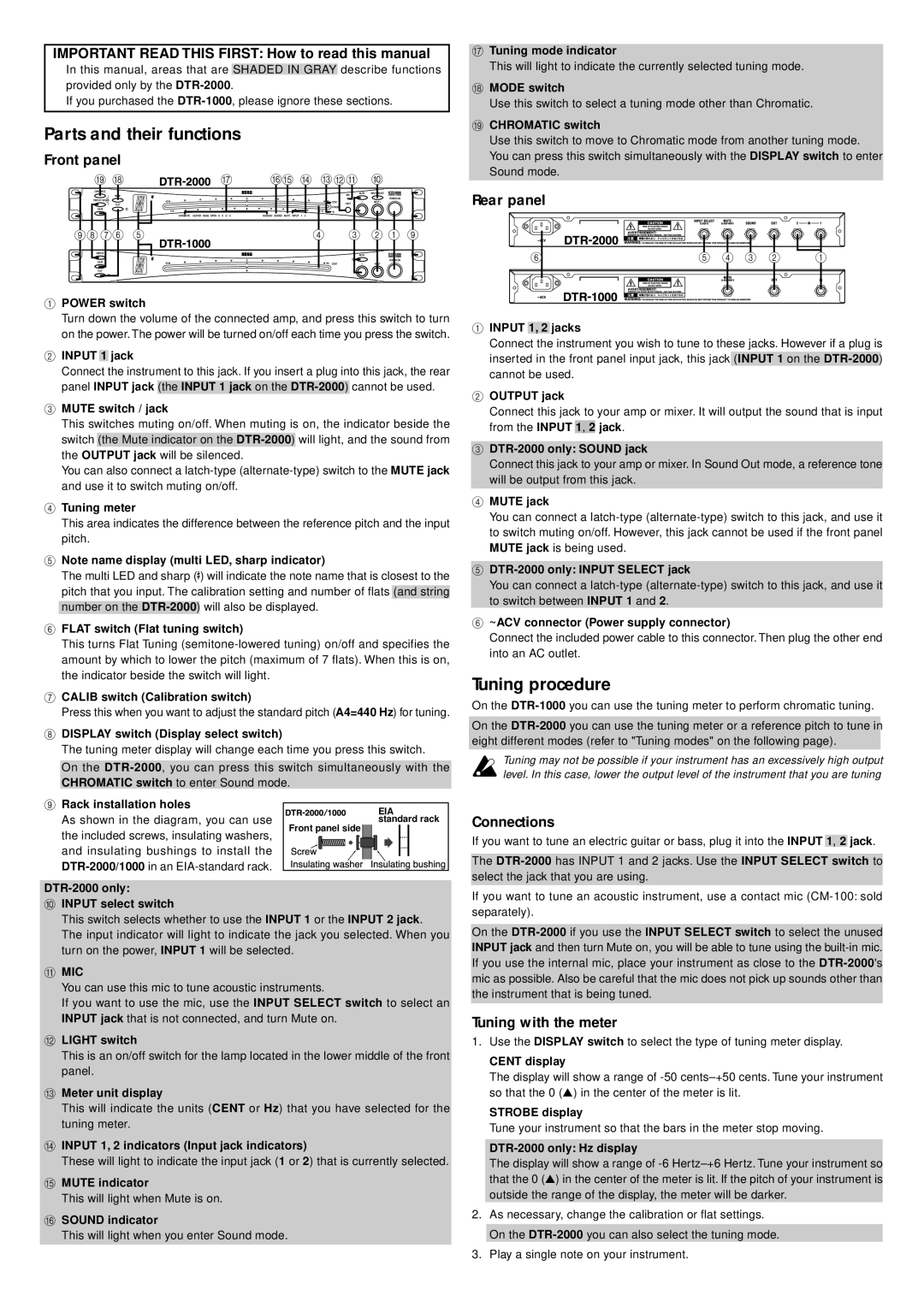 Korg DTR-2000, DTR-1000 important safety instructions Parts and their functions, Tuning procedure 