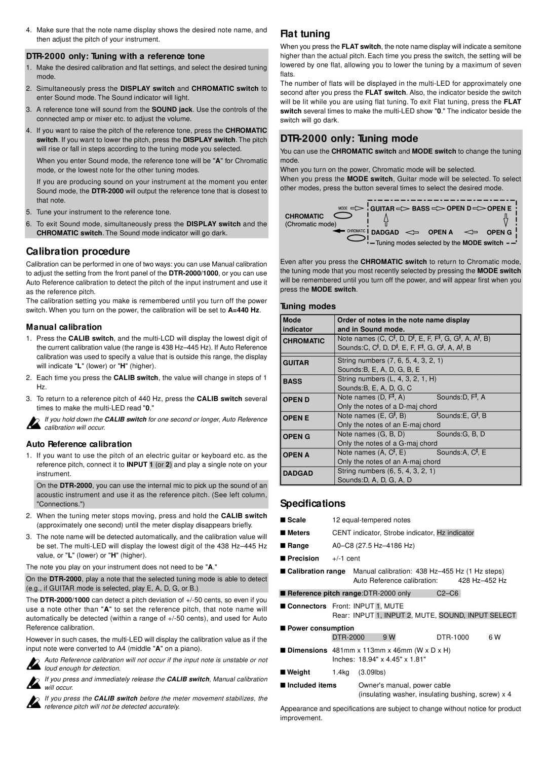 Korg DTR-1000 DADGADTuningmodes OPENbyAthe, Calibration procedure, Flat tuning, DTR-2000 only Tuning mode, Specifications 