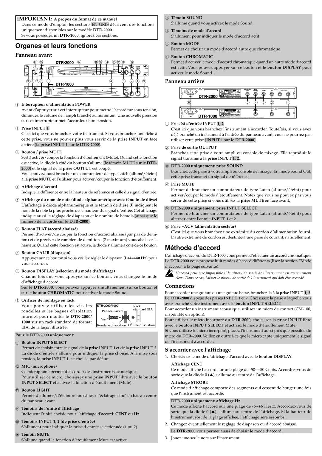 Korg DTR-2000, DTR-1000 important safety instructions Organes et leurs fonctions, Mé thode d’accord 