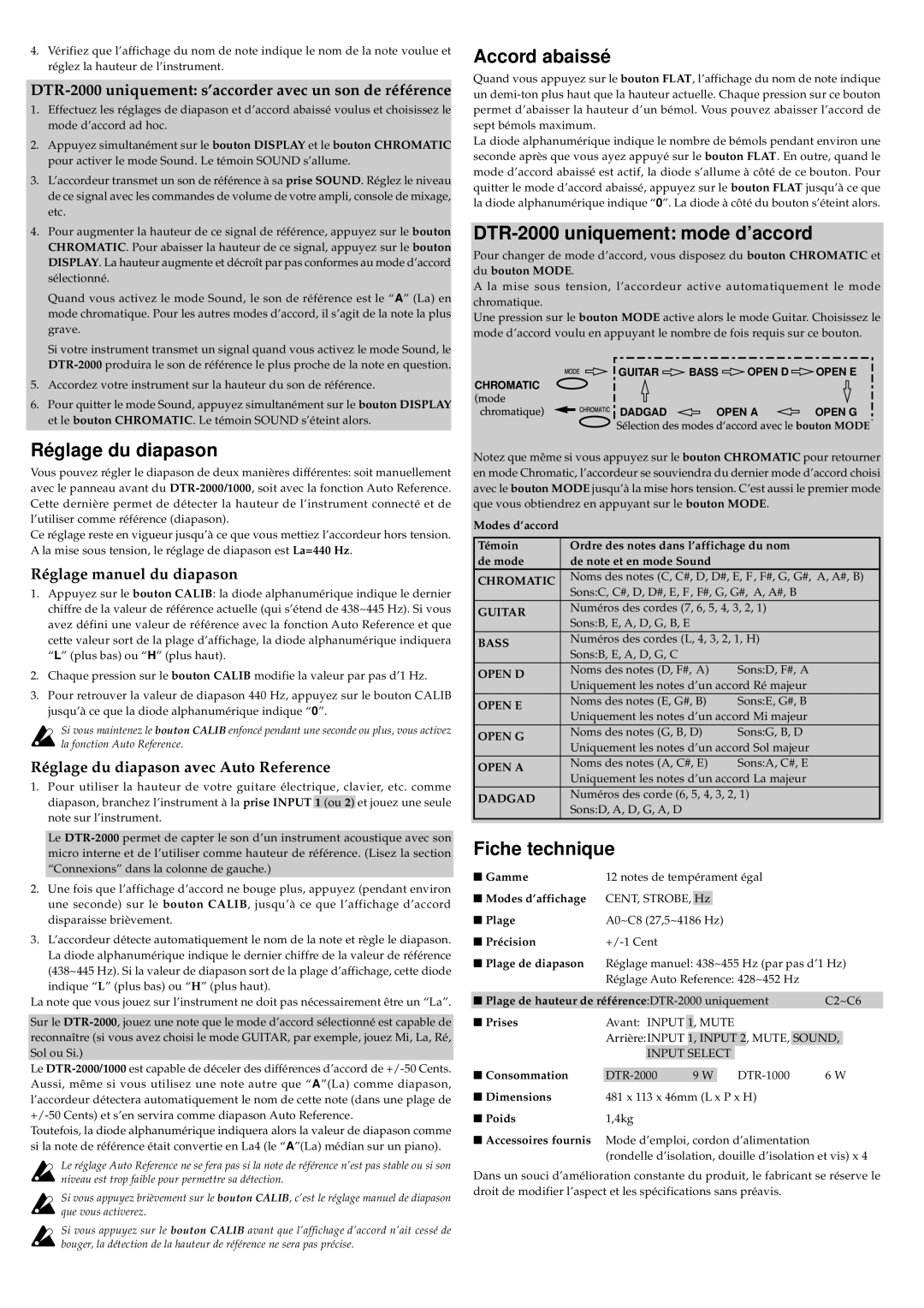 Korg DTR-1000 Ré glage du diapason, Accord abaissé, DTR-2000 uniquement mode d’accord, Fiche technique 