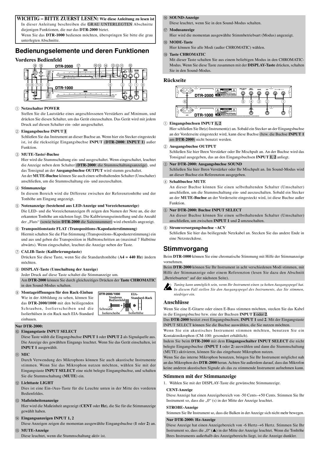 Korg DTR-2000, DTR-1000 important safety instructions Bedienungselemente und deren Funktionen, Stimmvorgang 