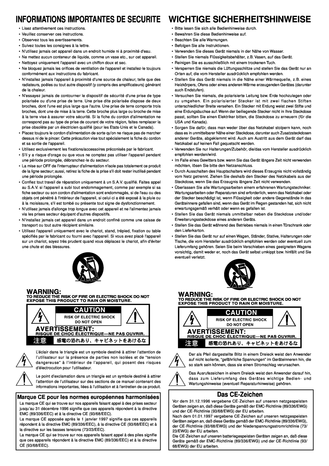 Korg DTR-1000, DTR-2000 important safety instructions Das CE-Zeichen, Marque CE pour les normes européennes harmonisées 