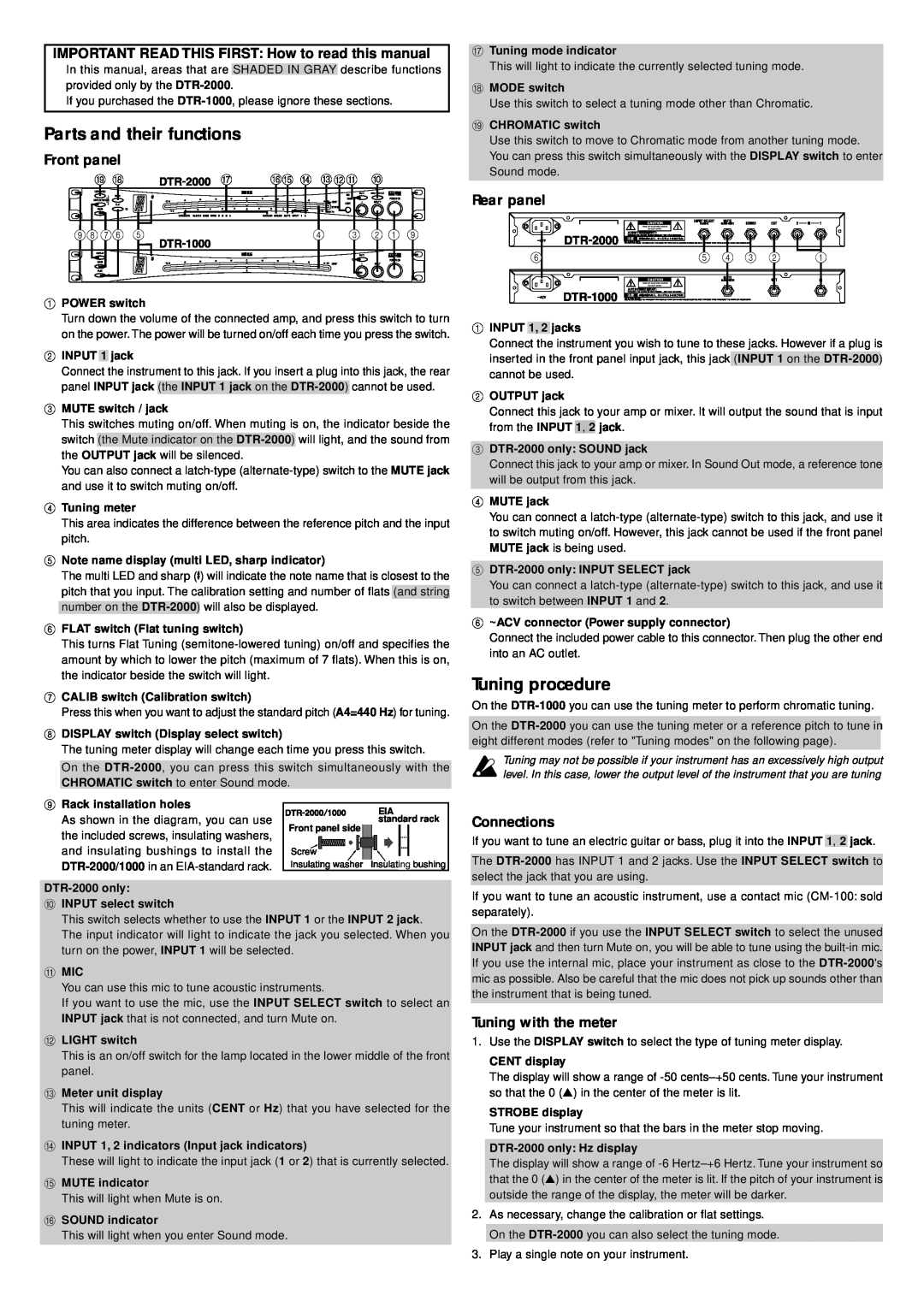 Korg DTR-2000 Parts and their functions, Tuning procedure, Front panel, Rear panel, Connections, Tuning with the meter 
