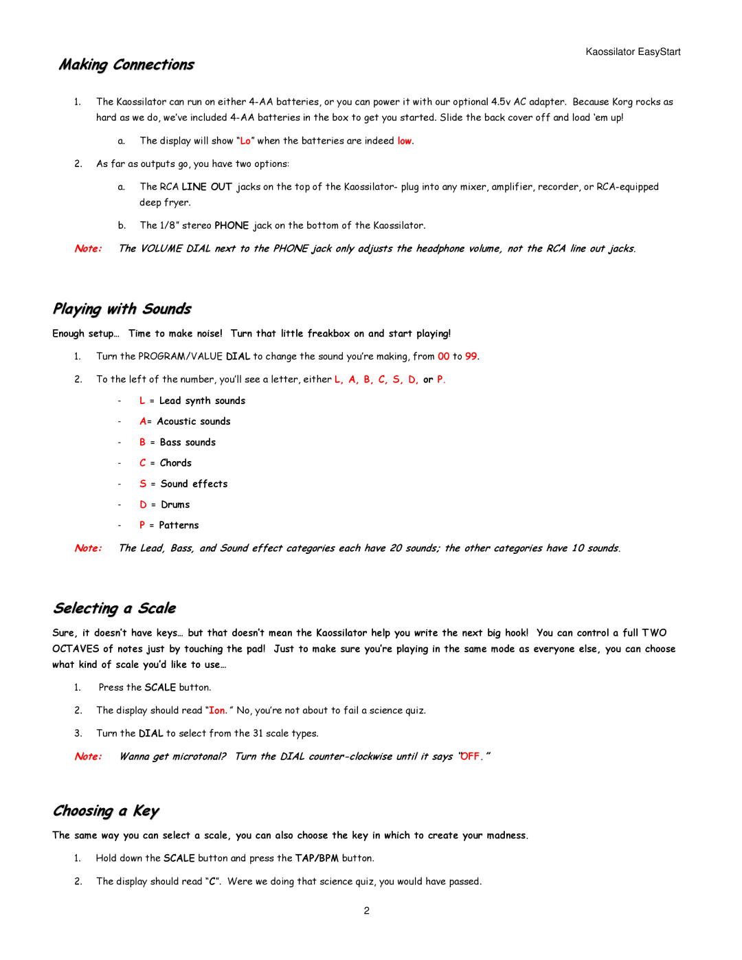 Korg Dynamic Phrase Synthesizer manual Making Connections, Playing with Sounds, Selecting a Scale, Choosing a Key 