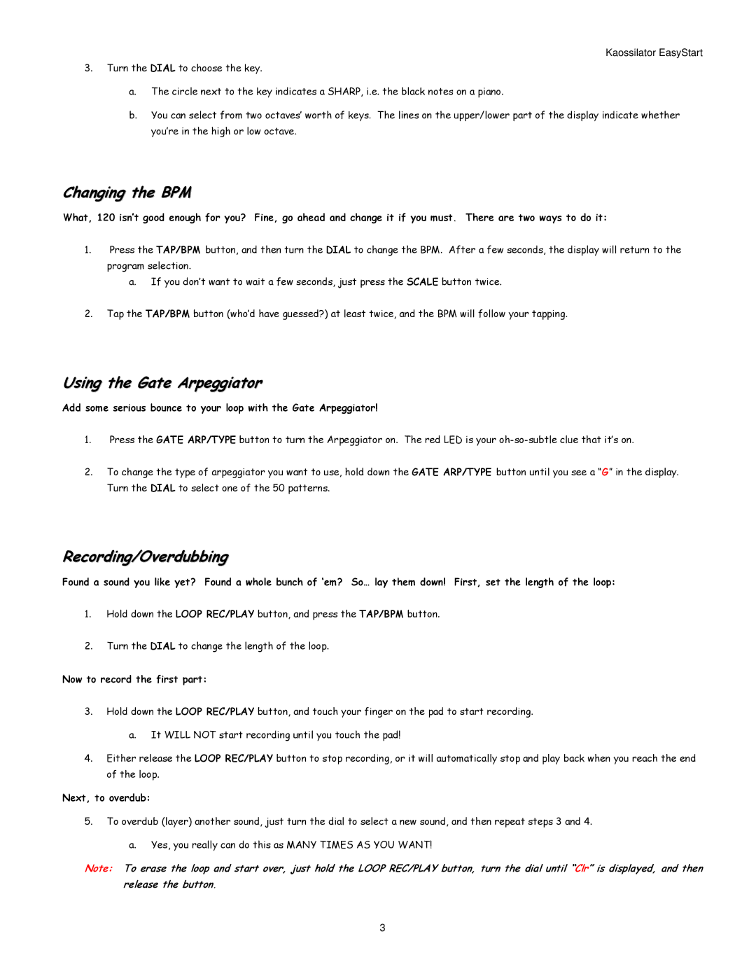 Korg Dynamic Phrase Synthesizer manual Changing the BPM, Using the Gate Arpeggiator, Recording/Overdubbing 