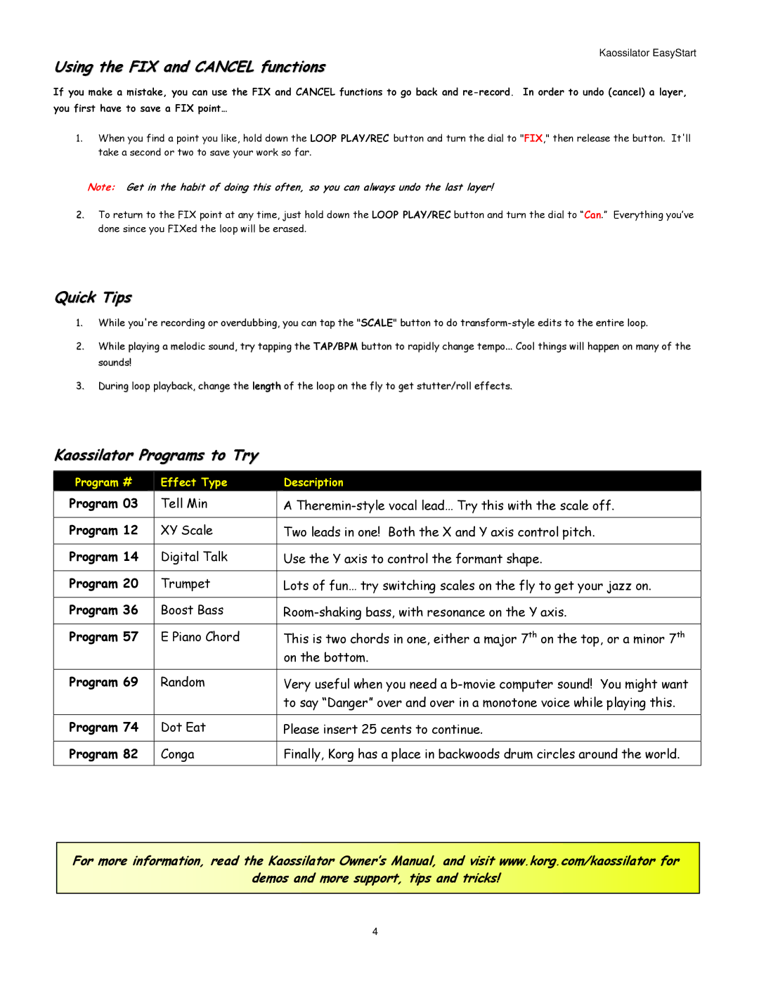 Korg Dynamic Phrase Synthesizer manual Using the FIX and Cancel functions, Quick Tips, Kaossilator Programs to Try 