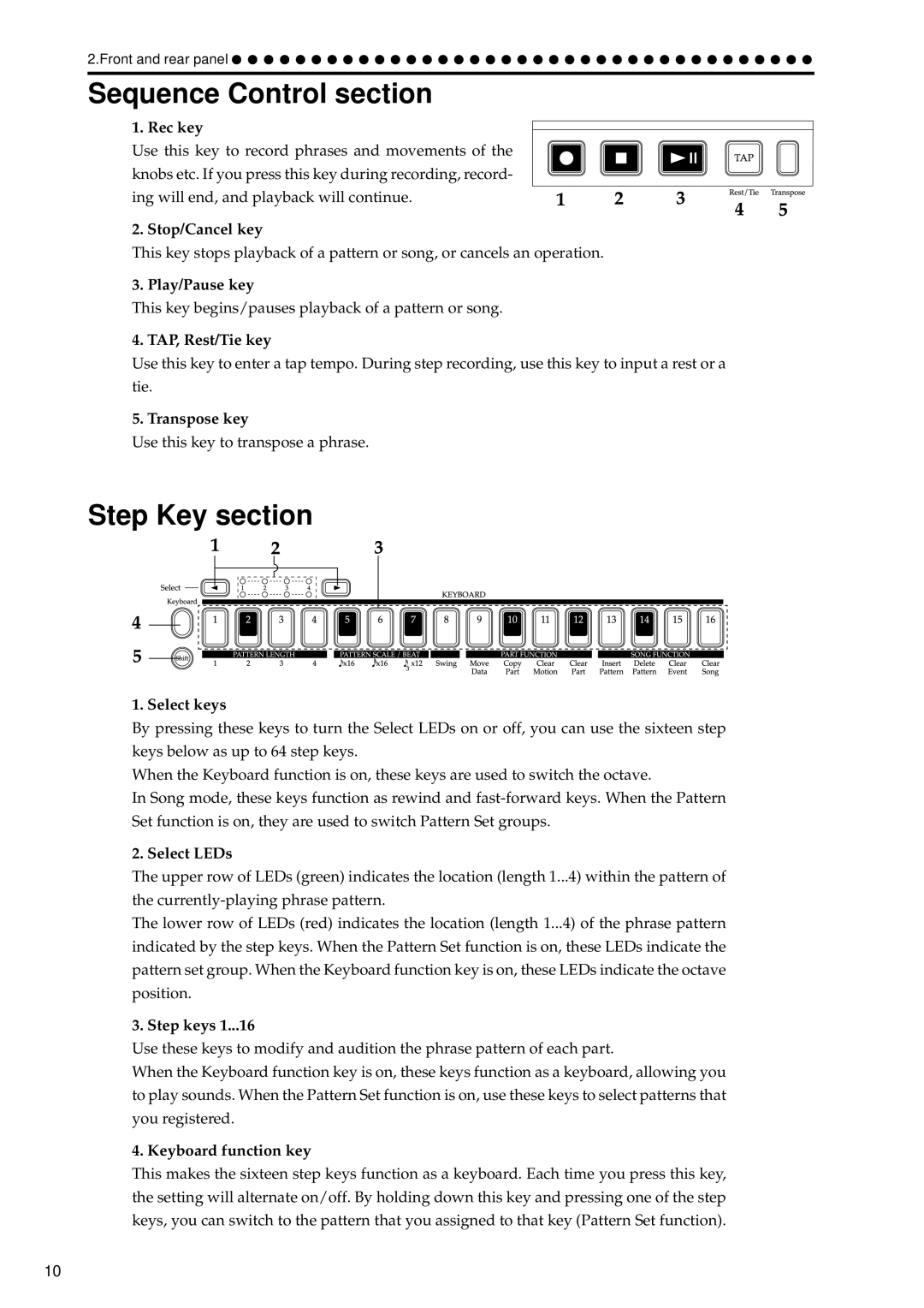 Korg EA-1 manual Sequence Control section, Step Key section 