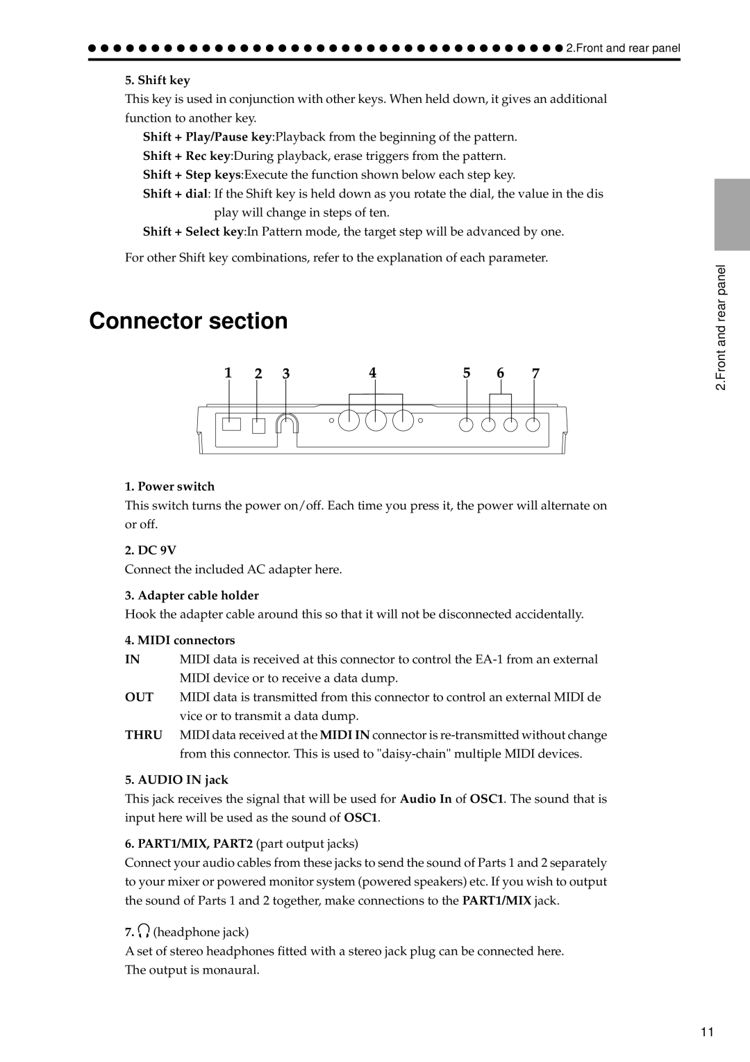 Korg EA-1 manual Connector section, Shift key 