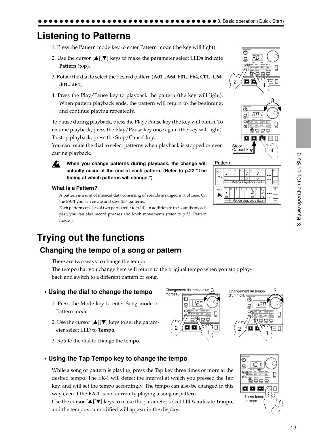 Korg EA-1 manual Listening to Patterns, Trying out the functions, Changing the tempo of a song or pattern 