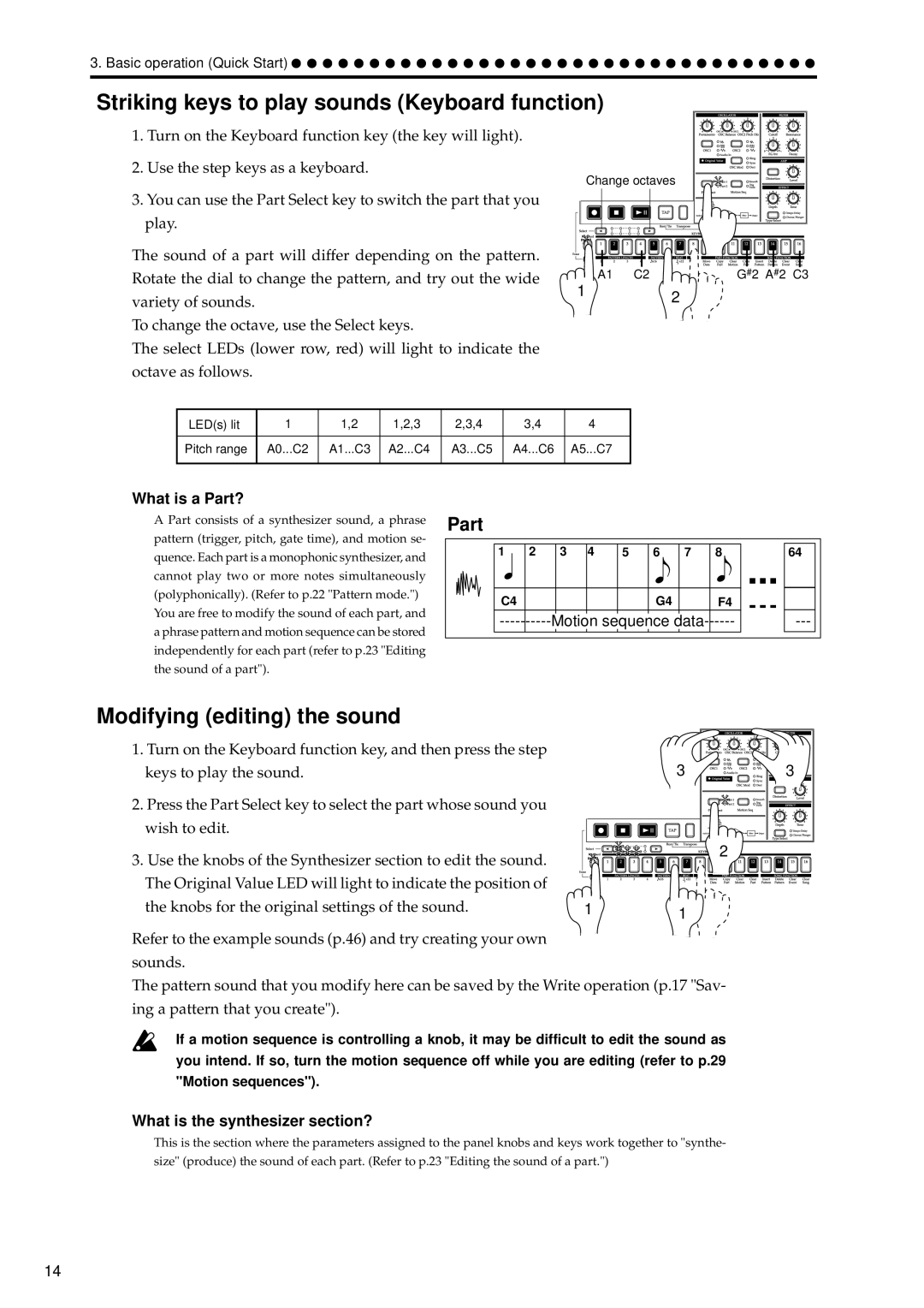 Korg EA-1 manual Striking keys to play sounds Keyboard function, Modifying editing the sound, Part 